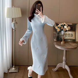 新中式连衣裙春秋冬修身显瘦加厚超好看蓝色色长裙改良旗袍气质新