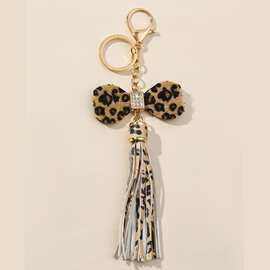 新款豹纹镶钻包包挂饰蝴蝶结钥匙圈豹纹皮革流苏钥匙扣挂件批发