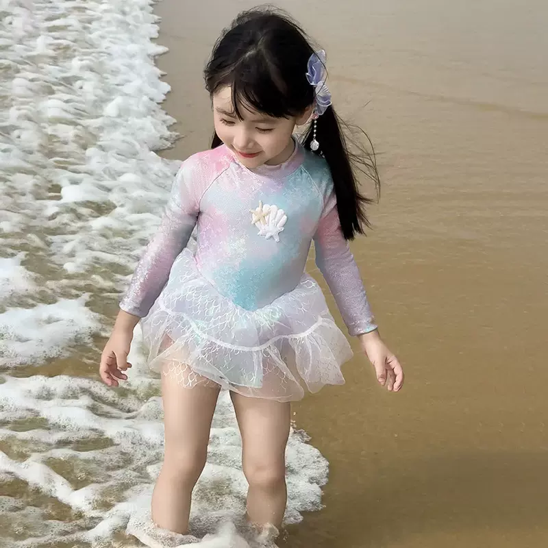 新款女童泳衣中小童夏季美人鱼儿童连体裙式纱裙可爱公主女孩泳衣