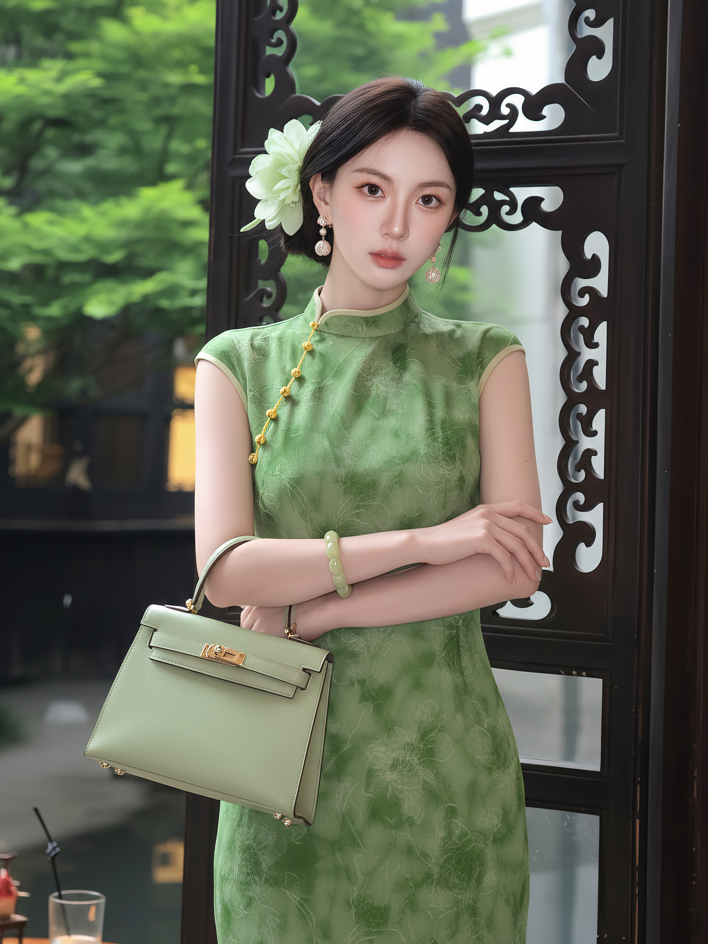 Đầm maxi nữ thắt eo cổ đứng tay dài họa tiết loang màu phong cách Tân Trung Hoa — Xanh lá cây nhạtcolor