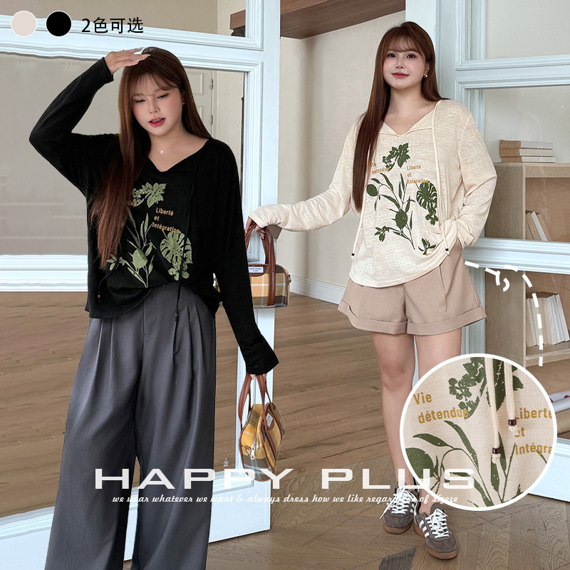 Runchi Plus Size Women's Autumn New Casual Long Sleeve Sweatshirt 9604 with Artistic Plant Print, Textured, Tie-Waist, Loose Fit T-Shirt