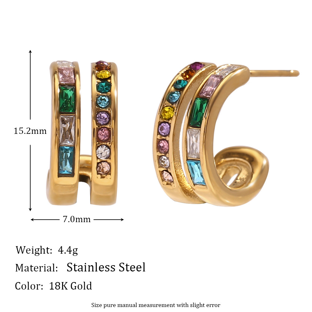 Double C-shaped Zircon Inlaid Stainless Steel Earrings