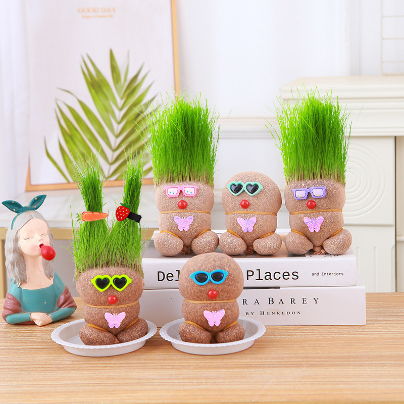 Long Grass Doll Small Potted Grass Head Doll Easy to Grow Desktop Green Plant Gift Hydroponic Kidsren Planting Easy-To-Live Small Plants