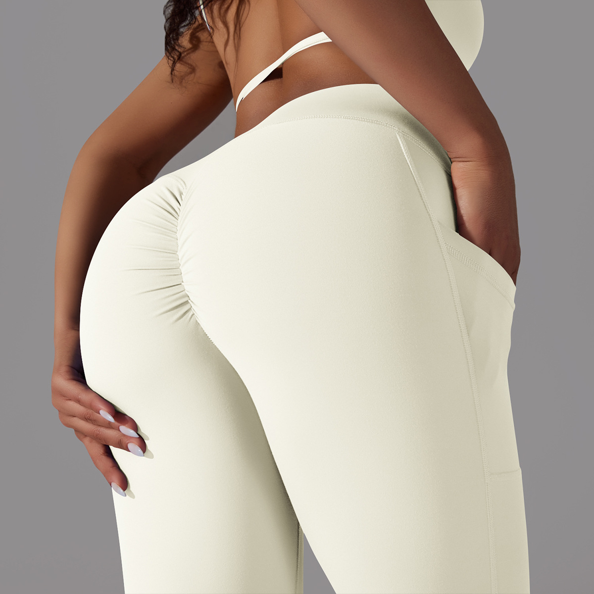 Abbigliamento da donna Pantaloni da yoga con tasca sui fianchi incrociati in nylon double face a vita alta, pantaloni da fitness da corsa sportivi_voghion.com