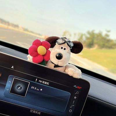 Car ornaments: Lying down Doll Car Decoration - dog-with-rose-red-flying-mirror-lying-on-the-screen-ornament