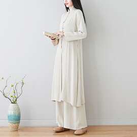 春秋新款立领斜门工盘扣开叉中长款七分袖上衣+阔腿裤两件套新品