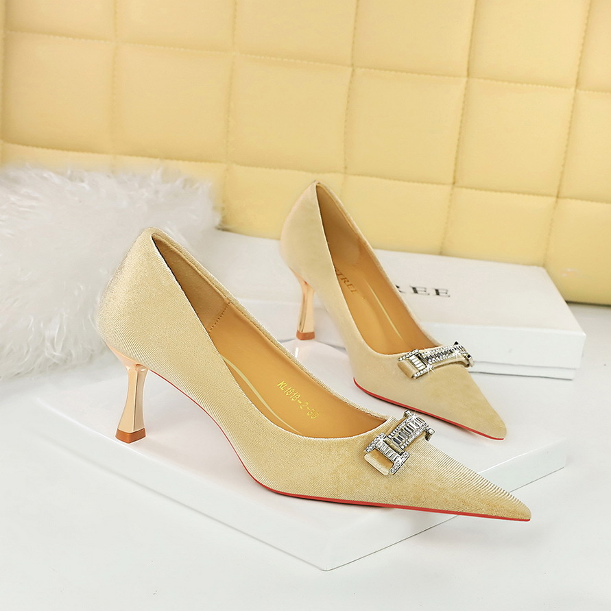 1818-K80 Banquet Women's Heels Xishi Velvet Shallow Mouth Pointed Toe Rhinestone Buckle Metal Decoration High Heel_vogvips.com