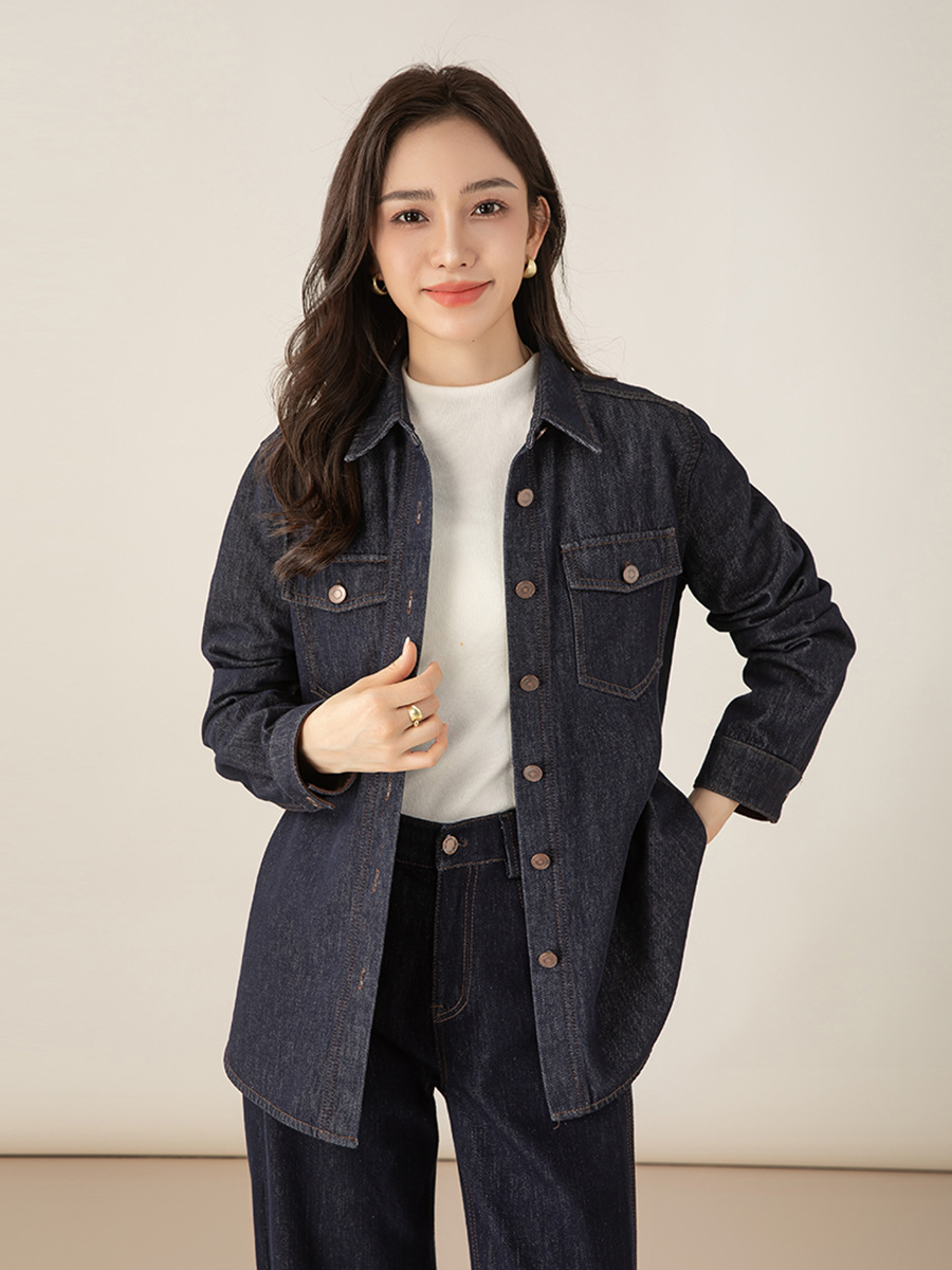 Áo sơ mi denim lông cừu Xinge dáng rộng nữ mùa đông phong cách muối — màu xanh denim