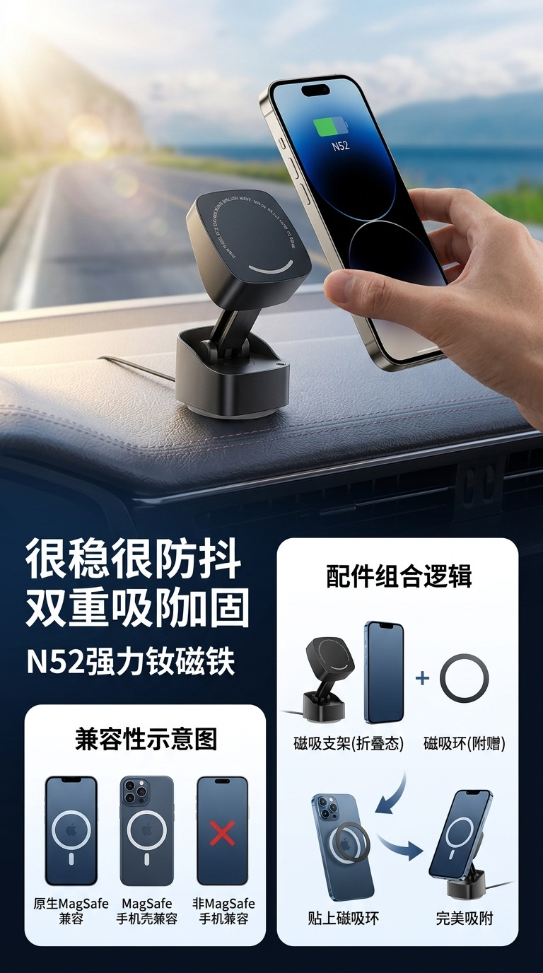 Suction Cup Type Magnetic Car Mount for Vehicle Interior, Magnetic Car Accessories, Magnetic Navigation Support, Car Phone Holder