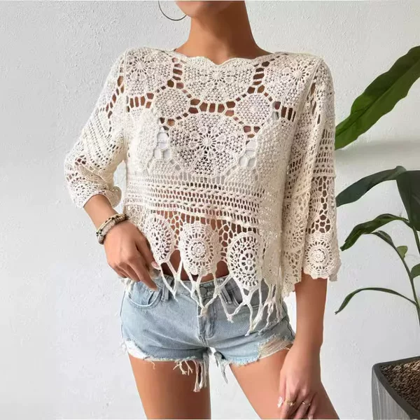 Cross-Border Amazon Bikini Crochet Cover-Up for Women, New Summer Lace Hollow-Out Beach Vacation Knit Top