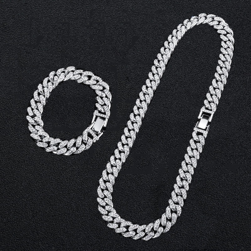 跨境新款街头潮人12.5mm 欧美亚马逊双排满钻嘻哈古巴链手链项链