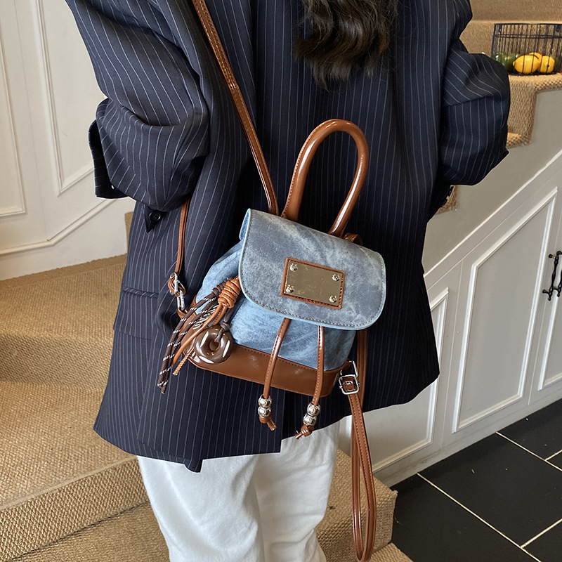 跨境复古学院风双肩包包女新款欧美时尚撞色高级感少女学生小背包|undefined