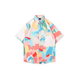 复古油画印花短袖衬衫男女宽松夏威夷风休闲撞色翻领衬衣夏季涂鸦