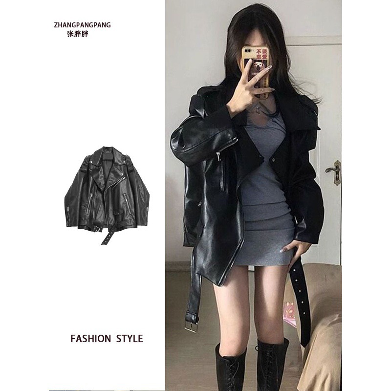 Simple and fresh black square-neck PU leather jacket for women, autumn/winter new style, Hong Kong-inspired design, motorcycle jacket top