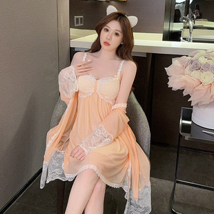 Manufacturer's Self-Produced Lace Sexy Deep V Suspender Nightgown, Casual and Comfortable Outer Robe with Breast Pads, Home Wear Set