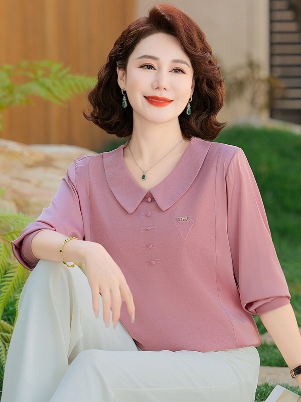 中老年女装大码娃娃领长袖小衫洋气秋季妈妈装时尚休闲大码打底衫|undefined