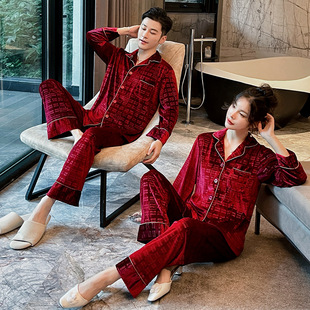 Couple's Pajamas Spring and Autumn Golden Velvet Long-sleeved Trousers Two-piece Set Red Family Year Comfortable Home Clothes for Outer Wear