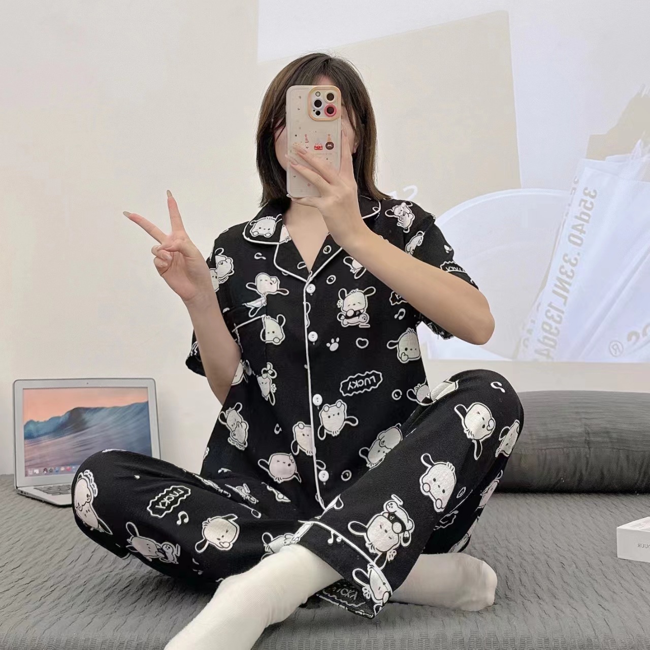Pajamas de espuma tejidos de verano de algodón pantalones largos de mangas cortas ropa para el hogar de verano delgada de algodón conjunto de dos piezas