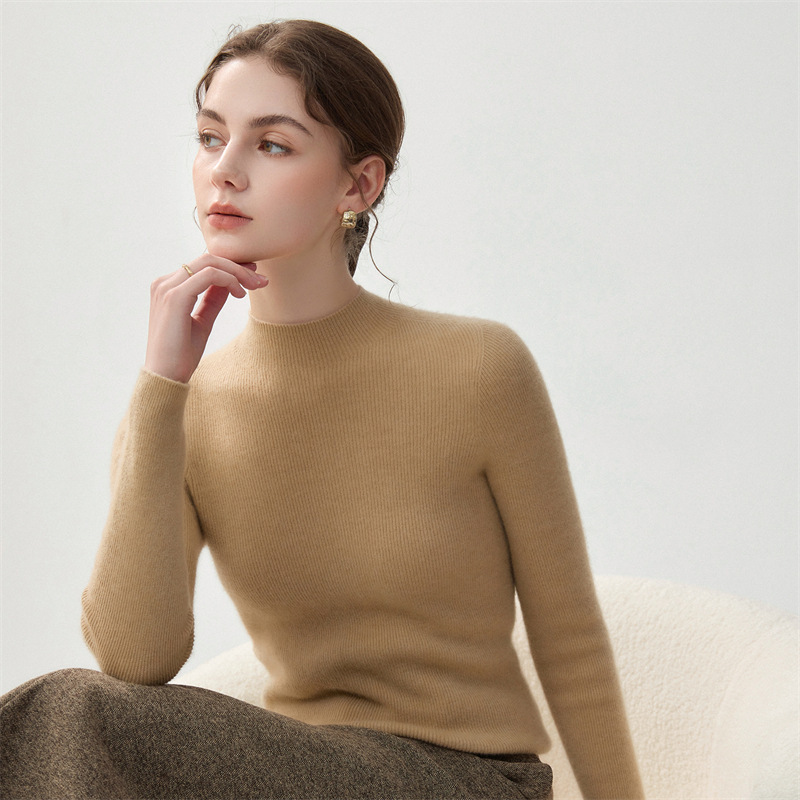 Seamless 100% pure cashmere half-high collar base shirt for women, autumn and winter warm slim-fit knitted inner top