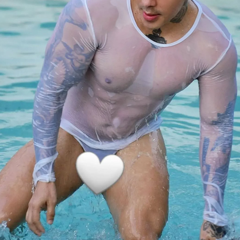Men's T-Shirt Ice Mesh Sexy See-Through Close-Fitting Long-Sleeved Fitness Sports Elastic See-Through Muscular Men's Top