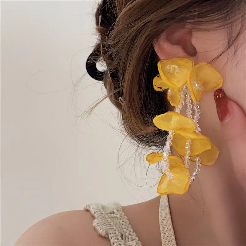 Gentle wind long crystal tassel tulle flower pendant earrings accessories diy hand woven hair accessories women wholesale