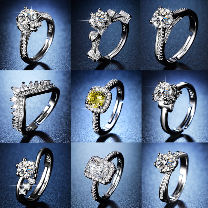 Live Imitation Moissanite Eight Hearts and Eight Arrows Ring for Women One Carat Classic Six-Claw Wedding Ring Diamond Ring Manufacturer Ready Supply