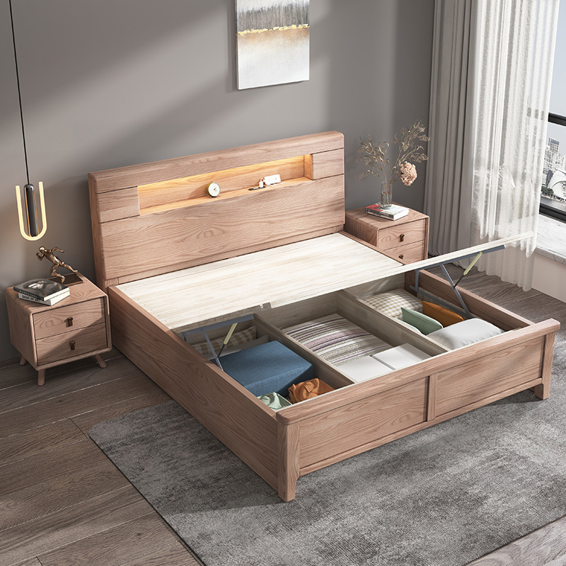 Cama de madera de cera blanca cama de madera maciza dormitorio principal 1,8 registro nórdico moderno estilo minimalista cama de madera maciza cama de presión de aire con cajón