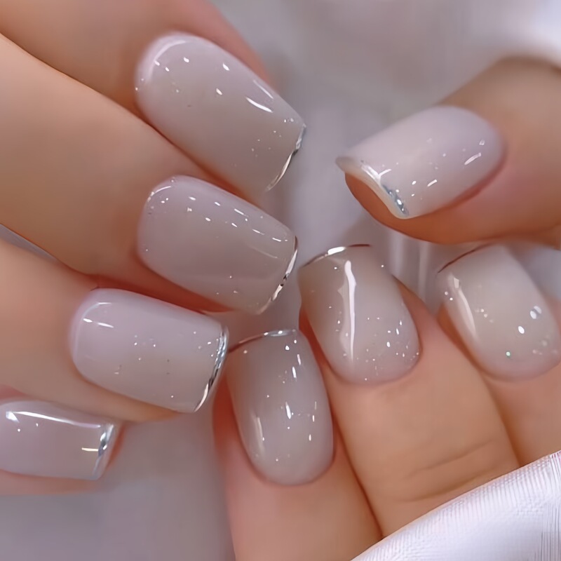 Push-Type Manicure Patch, Mid-Length European Square Manicure Patch, French Silver-Edged Manicure Patch, Removable Push-Type Manicure Patch, Mid-Length European Square Manicure Patch, French Silver-Edged Manicure Patch, Removable