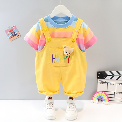 Children's Summer Outfit Set for 1-3 Year Old Boys - Rainbow Striped Short Sleeve Two-Piece Set - Cute Baby Clothes
