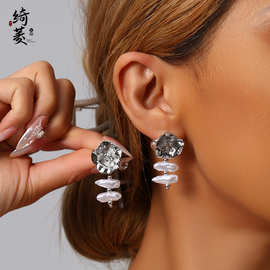 时尚轻奢风设计感金属花朵巴洛克珍珠流苏耳环百搭高级感大气耳饰