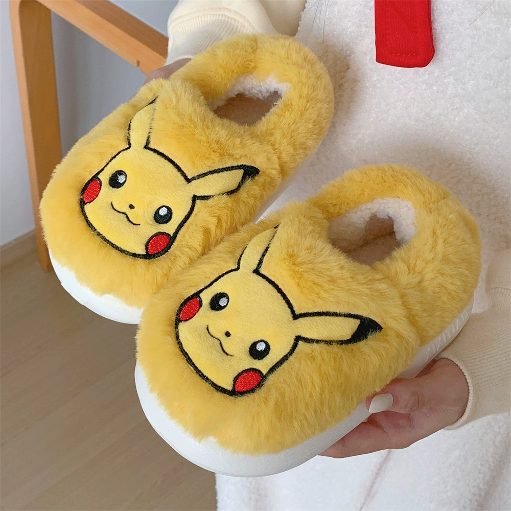 Милые Детские хлопковые тапочки с мультяшным Пикачу, детские домашние теплые удобные плюшевые хлопковые туфли на флисовой подкладке для мальчиков и девочек