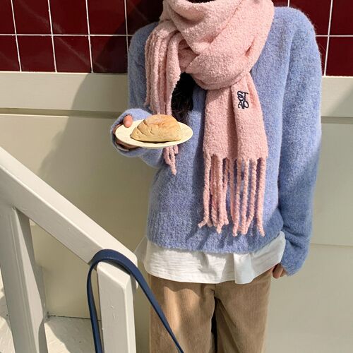 Super beautiful cheese yellow ~ Korean staple wool embroidery scarf autumn and winter versatile tassel couple neck scarf