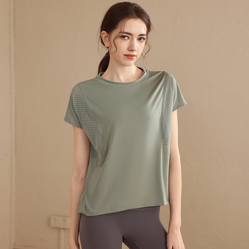 Relaxed and breathable exercise top, cover-up yoga wear for women, short-sleeve T-shirt, quick-drying summer thin style, training, running, fitness