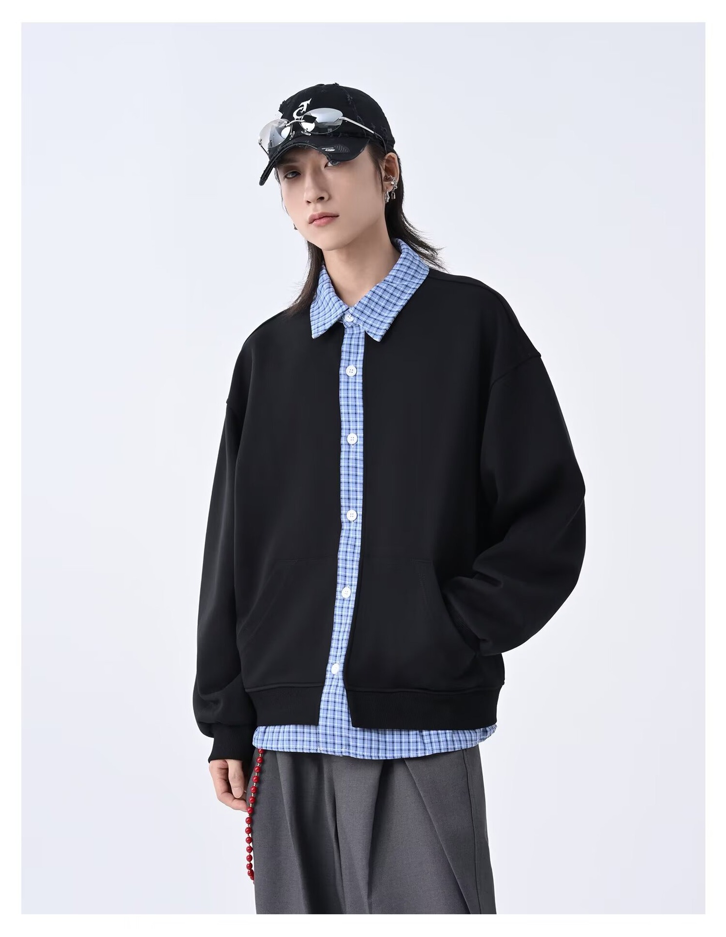 Men's Cardigan Sweatshirt Retro Checkered Patchwork Lazy Style_voghion.com
