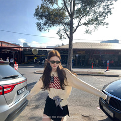 aaaaxbbb 一眼街拍美女 提花毛衣长袖百搭美式复古圆领上衣女