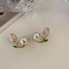 Fashionable universal advanced earrings from pearl with bow, silver needle, flowered, high-quality style, silver 925 sample