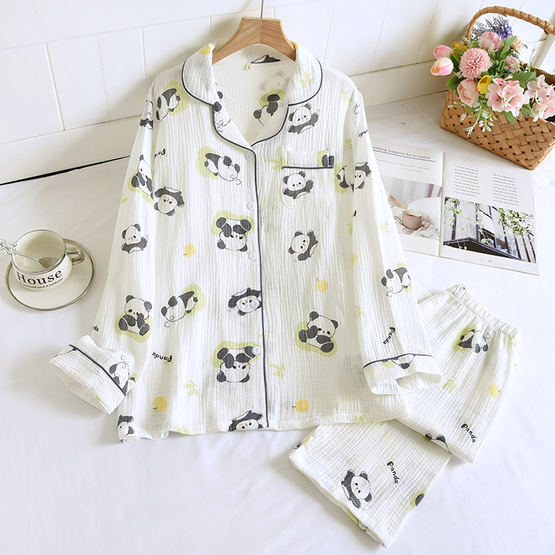 Customized Pure Cotton Double-Layer Crepe Pajamas for Women in Spring and Summer Cartoon Suits That Can Be Worn Outside Loose Spring & Fall Home Clothes Summer