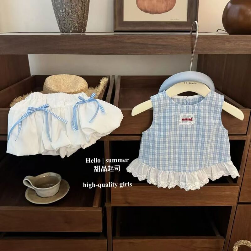 Girls Summer Suit New Style 2025 Foreign Style Kidsren's Plaid Vest Baby Two-Piece Shorts Princess Style Hot Style Girls Summer Suit New Style 2025 Foreign Style Kidsren's Plaid Vest Baby Two-Piece Shorts Princess Style Hot Style