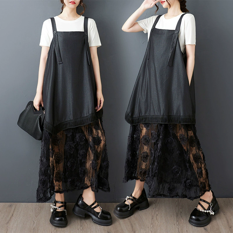 Реальный выстрел 2024 осенняя одежда новый гонконгский ветер, тяжелая промышленность, трехмерное цветочное кружевное сшитое платье, дикое длинное платье с ремешком