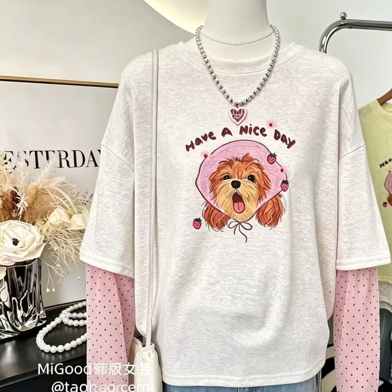 Korean style sweet strawberry puppy print faux two-piece T-shirt for women, pink polka dot mesh patchwork slightly sheer loose top