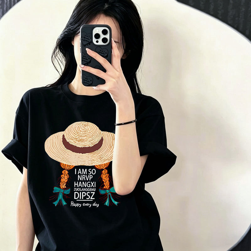 Hat Pure Cotton Short-Sleeved T-Shirt for Women 2026 New Summer Black Skin-Friendly Top Pure Cotton Loose Half-Sleeved T-Shirt