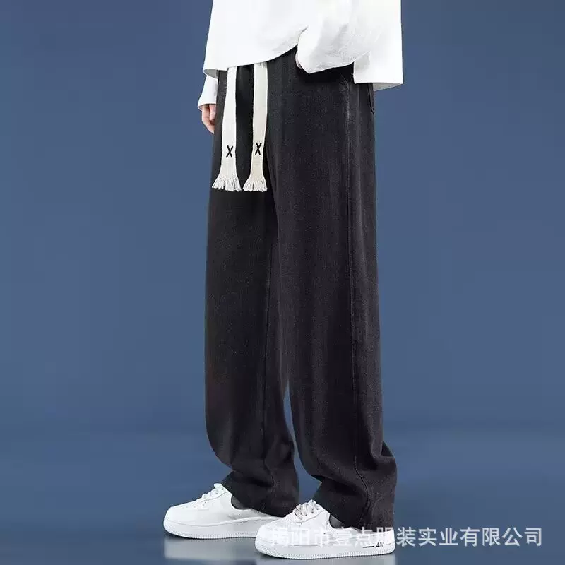 美式复古水洗做旧松紧腰黄泥色阔腿牛仔裤男宽松直筒潮牌大码裤子