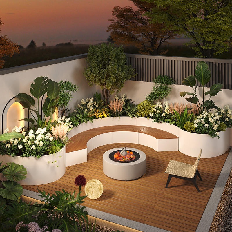 Balcony outdoor, courtyard patio, shop, flower box and bench combination, landscaping flower bed, curved flower garden