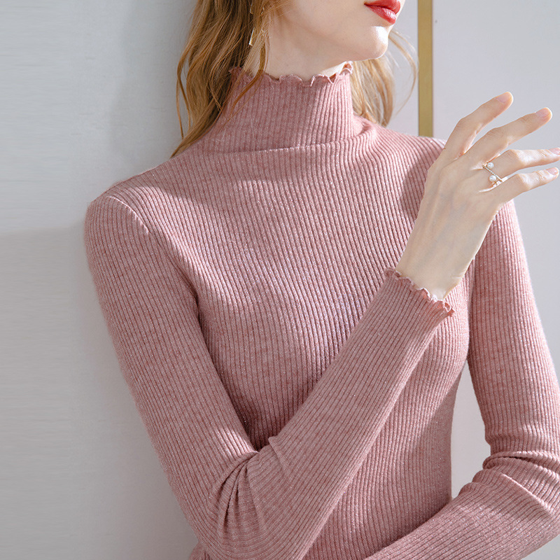Suéter de cuello alto las mujeres otoño e invierno nuevo color sólido madera oído pit manga larga que basa la camisa pullover Top para image 3