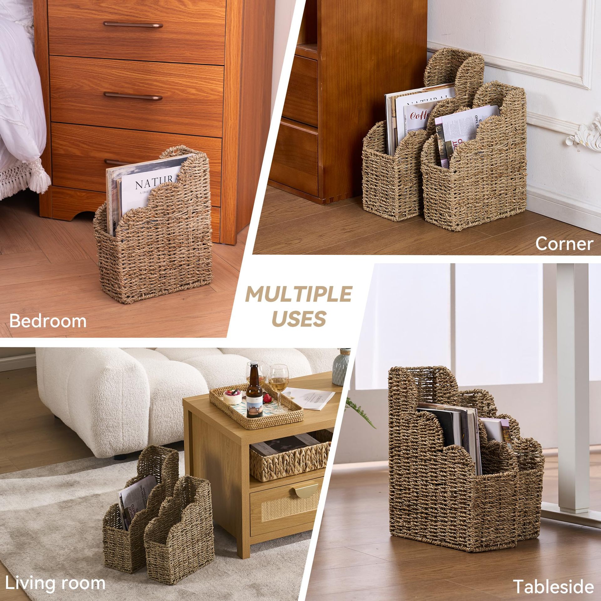 Estante de almacenamiento de revistas de algas personalizadas Cesta de almacenamiento de vieiras tejida de paja Sala de estar Sala de estudio Decoración Cesta de almacenamiento de archivos en forma de abanico