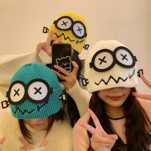 Funny Knitted Woolen Hat for Women in Autumn and Winter Warm Fault Robot Cute Big-eyed Cartoon Ear Protection Hat for Students