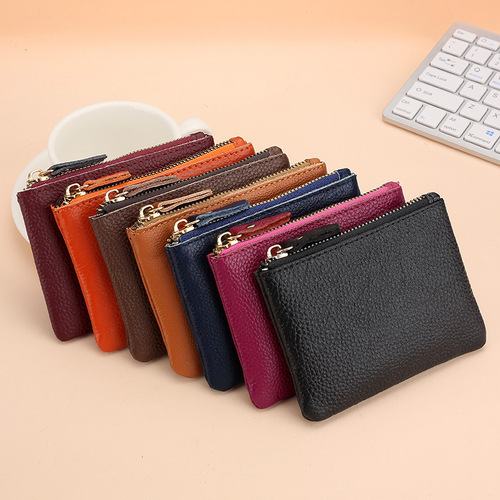 Men and women's leather wallet, soft leather mini coin bag, key storage bag, top grain cowhide zipper small wallet 