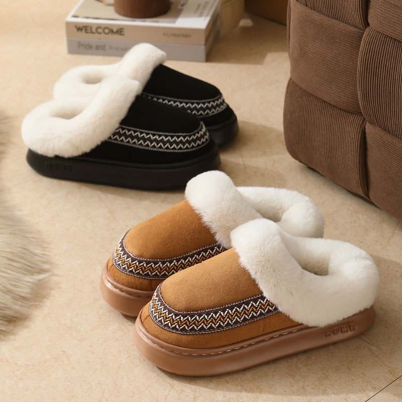 跨境新款花边时尚居家棉拖鞋批发女室内保暖拖鞋防滑秋冬加绒棉鞋