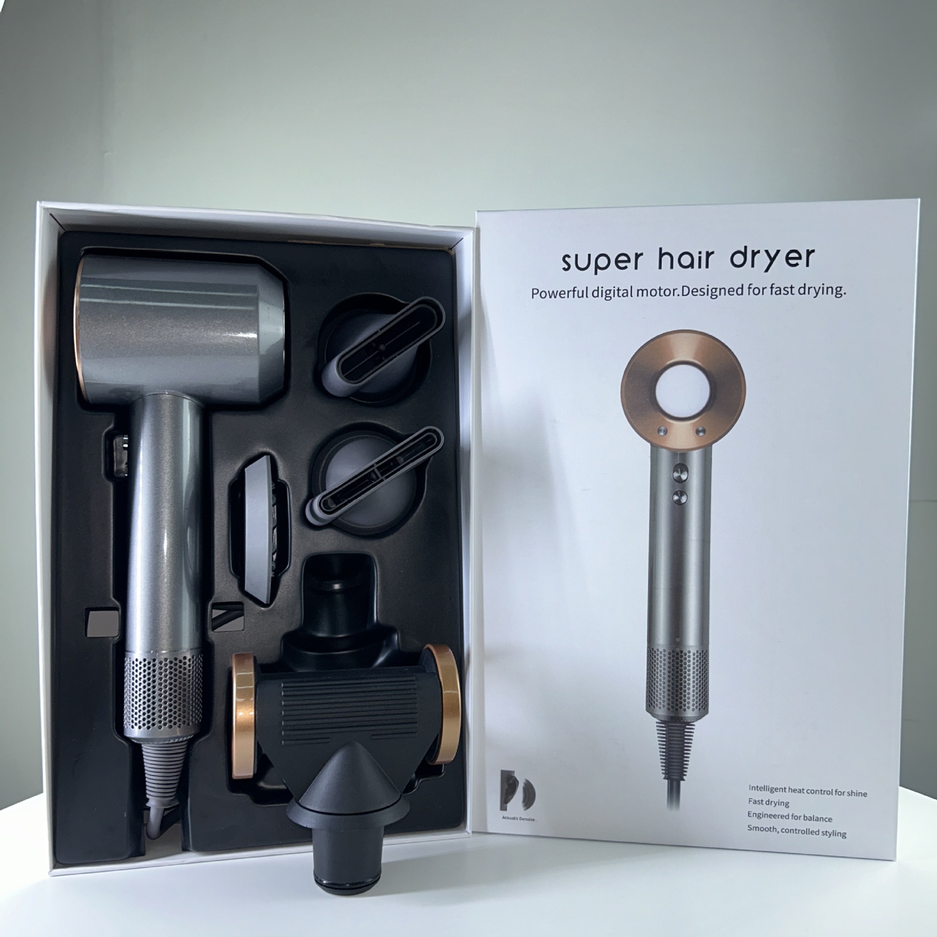 Secador de pelo transfronterizo de alta velocidad personalizado, secador de pelo de temperatura constante de iones negativos, secador de pelo portátil, juego de caja de regalo de cinco boquillas