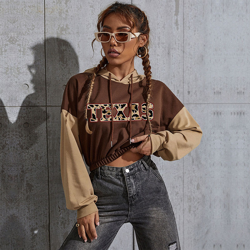 Felpa con cappuccio corta stampata autunno 2024, casual, corta, patchwork, per donna_voghion.com